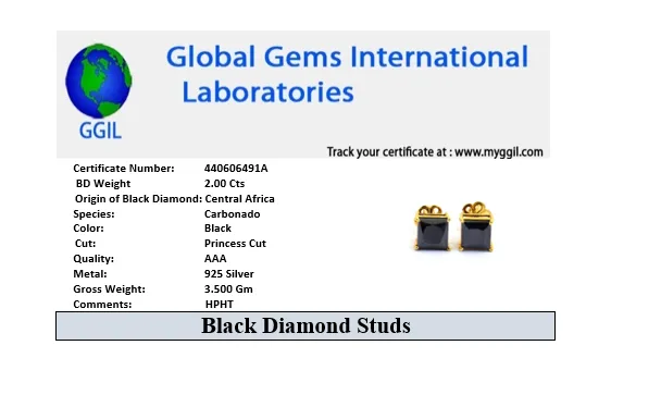 2 Ct Black Diamond Solitaire Studs in 925 Silver, 100% Certified- Great Sparkle & Luster