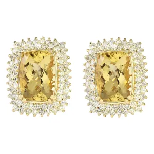 22.00 Carat Natural Citrine 14K Yellow Gold Diamond Earrings