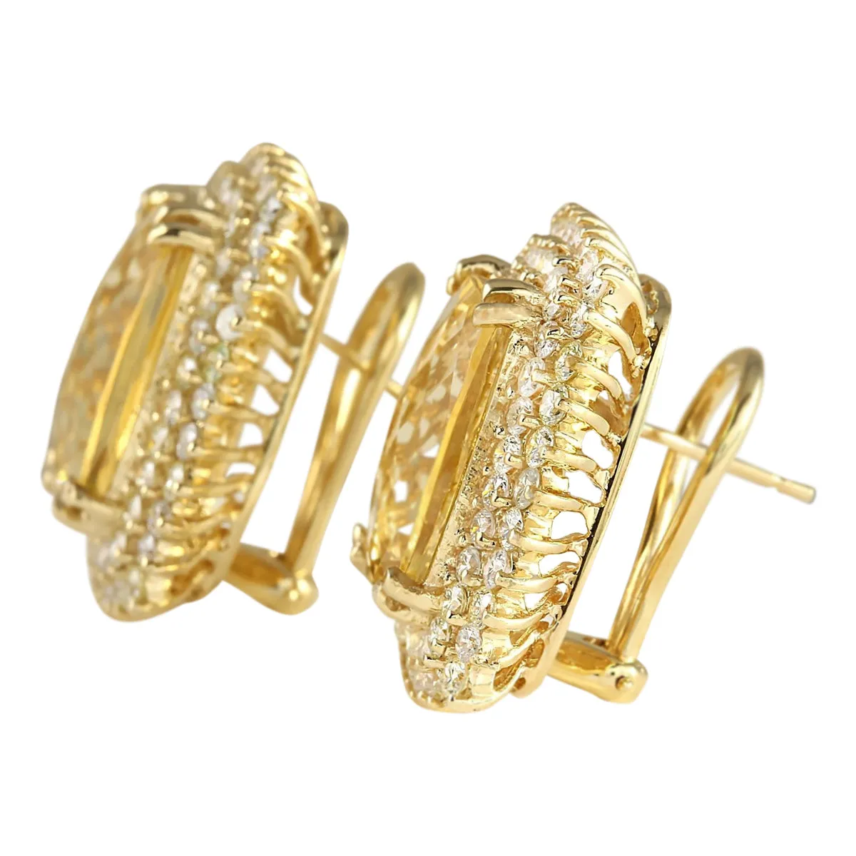 22.00 Carat Natural Citrine 14K Yellow Gold Diamond Earrings