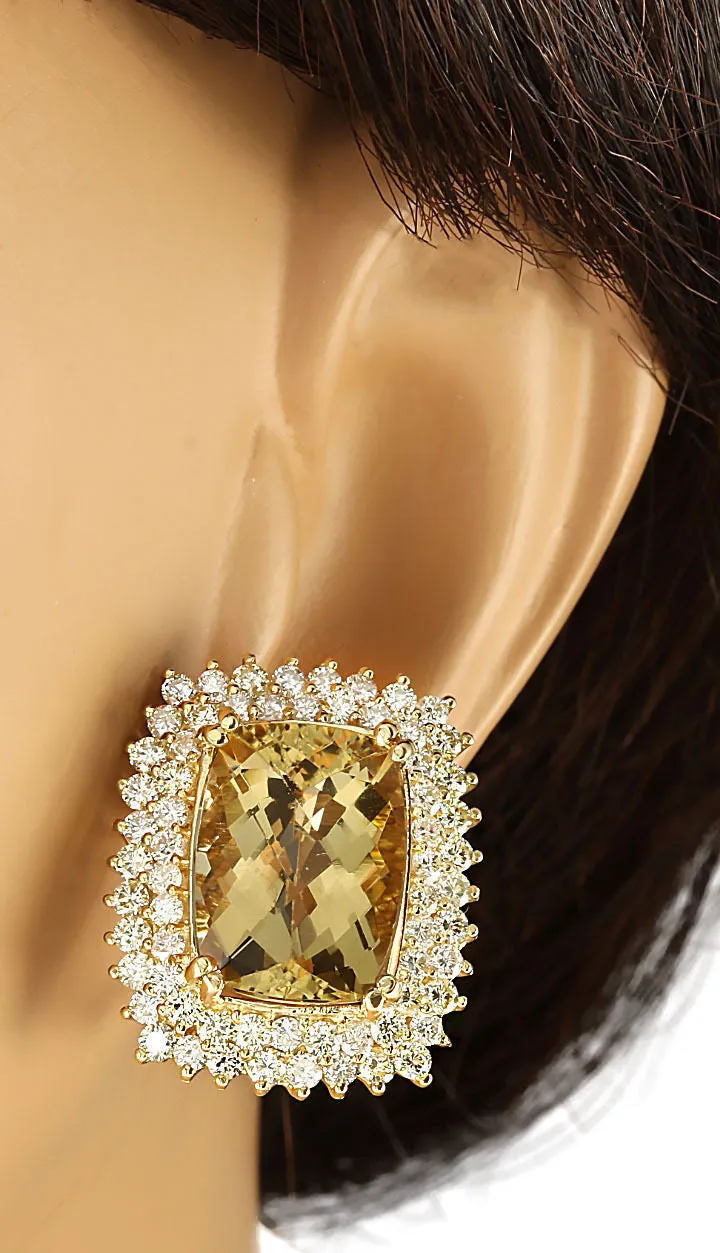 22.00 Carat Natural Citrine 14K Yellow Gold Diamond Earrings