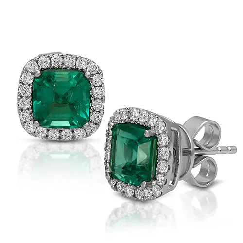 2.30tcw Cushion  Emerald and Halo Diamond Stud Earrings 14k White Gold