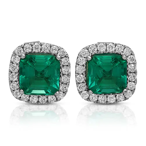 2.30tcw Cushion  Emerald and Halo Diamond Stud Earrings 14k White Gold