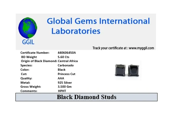 3 Ct Certified Princess Cut Black Diamond Solitaire Studs in Prong Setting, Great Shine & Luster