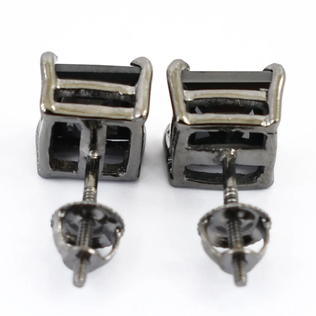 3 Ct Certified Princess Cut Black Diamond Solitaire Studs in Prong Setting, Great Shine & Luster