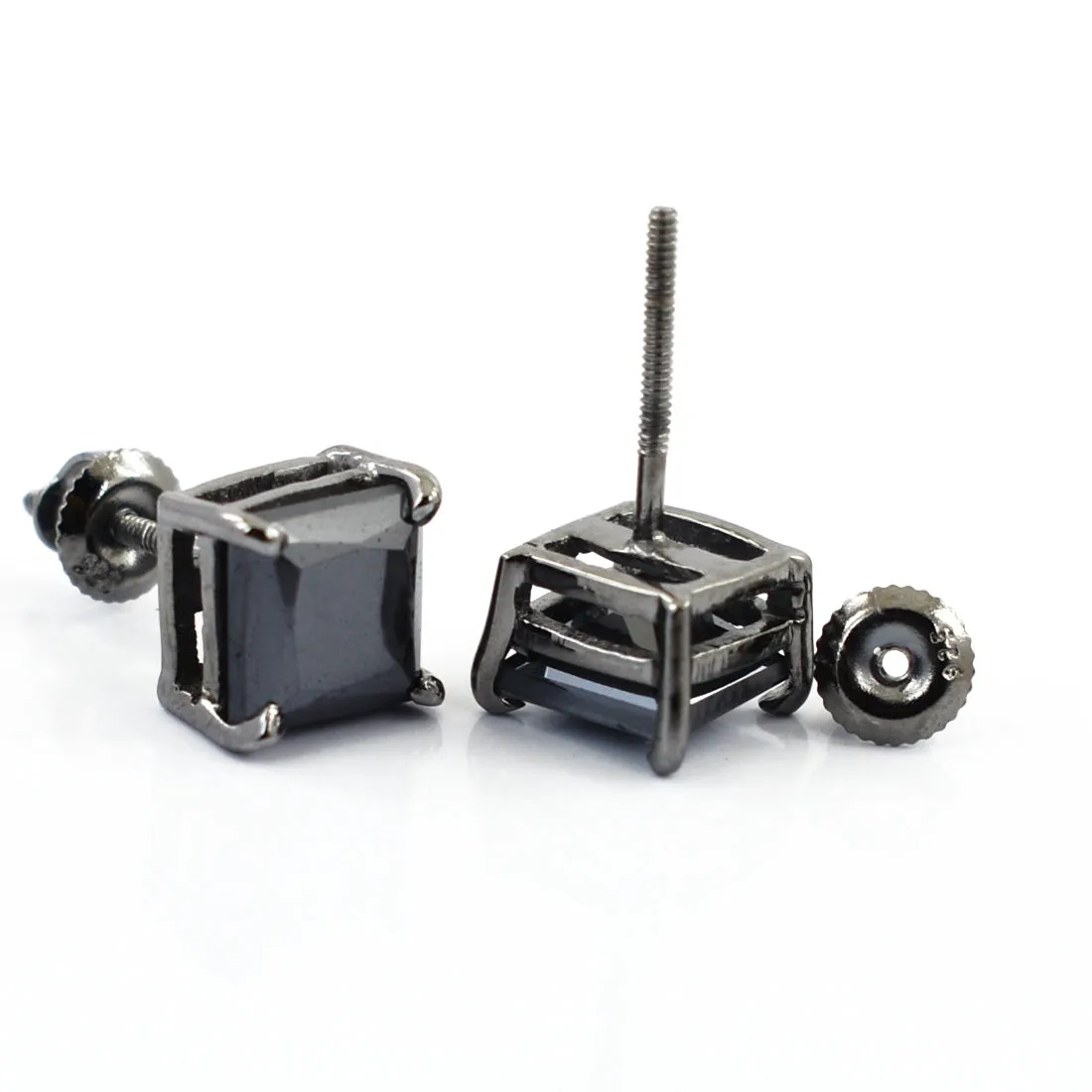 3 Ct Certified Princess Cut Black Diamond Solitaire Studs in Prong Setting, Great Shine & Luster
