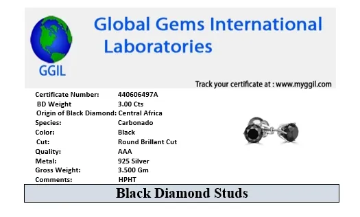 3.00 Ct AAA Certified Black Diamond Solitaire Studs in 925 Silver, Elegant Look- Great Gift for Anniversary