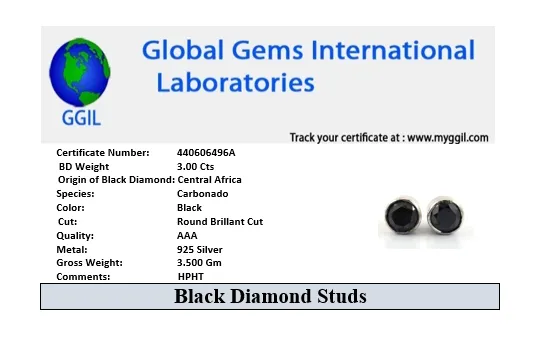 3.00 Ct AAA Certified Black Diamond Solitaire Studs in Bezel Setting, Amazing Collection with Great Luster