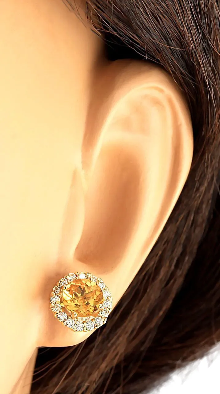 3.65 Carat Natural Citrine 14K Yellow Gold Diamond Earrings