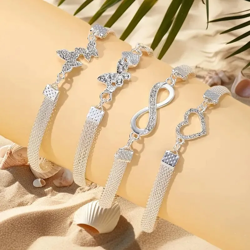 4-Pieces: Wide Edge Chain Anklets Set