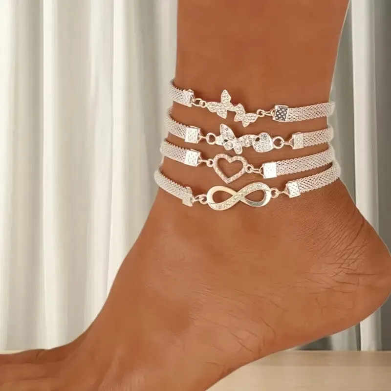 4-Pieces: Wide Edge Chain Anklets Set