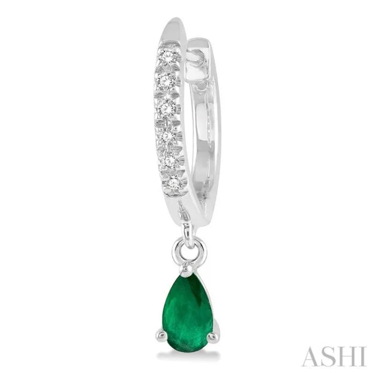 5x3 MM Pear Cut Emerald and 1/8 ctw Round Cut Diamond Petite Fashion Huggie Earrings in 10K White Gold