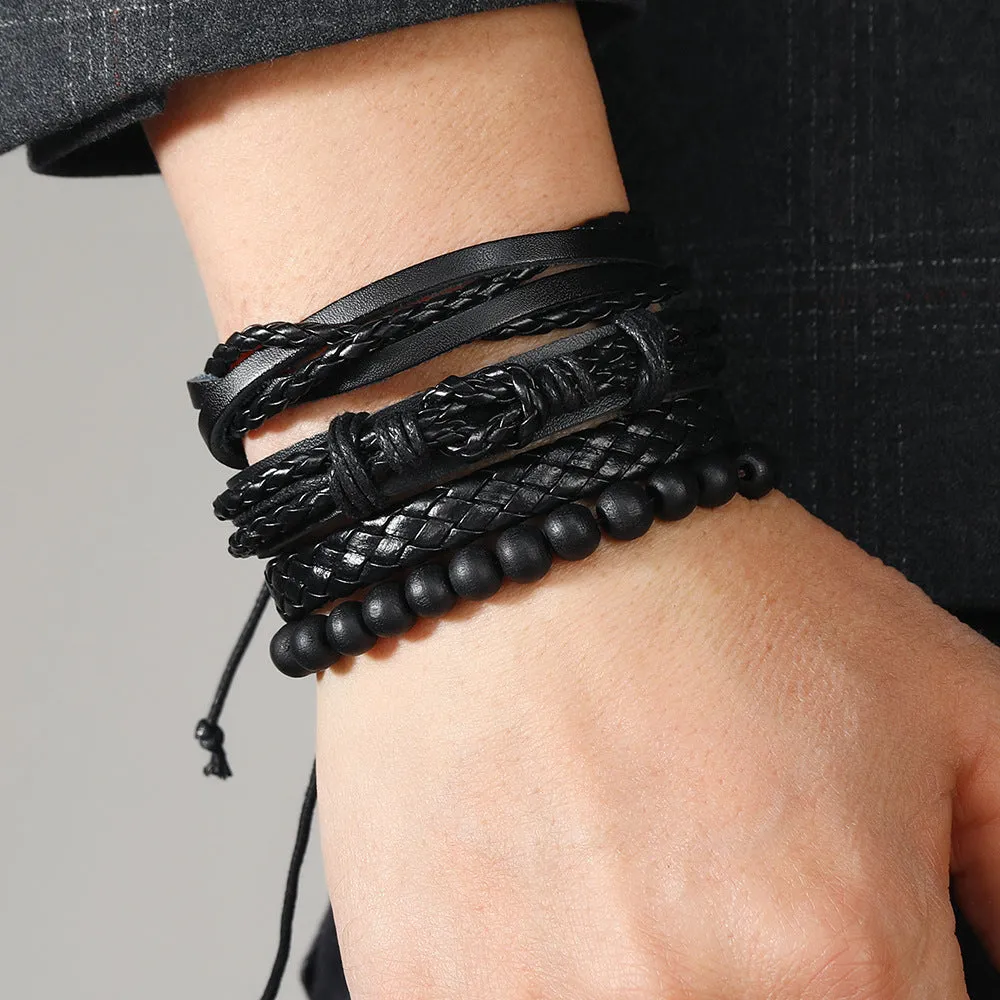 6pcs Retro PU Leather Bracelet Set Men's Jewelry