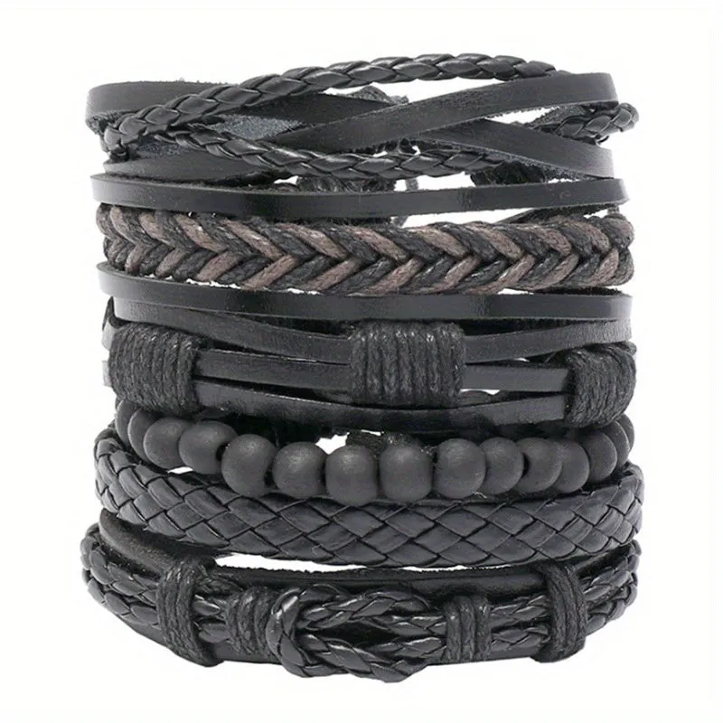 6pcs Retro PU Leather Bracelet Set Men's Jewelry