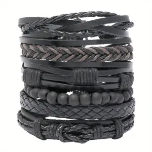 6pcs Retro PU Leather Bracelet Set Men's Jewelry