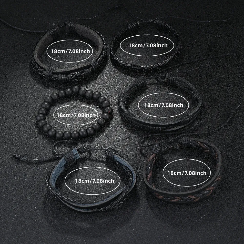6pcs Retro PU Leather Bracelet Set Men's Jewelry