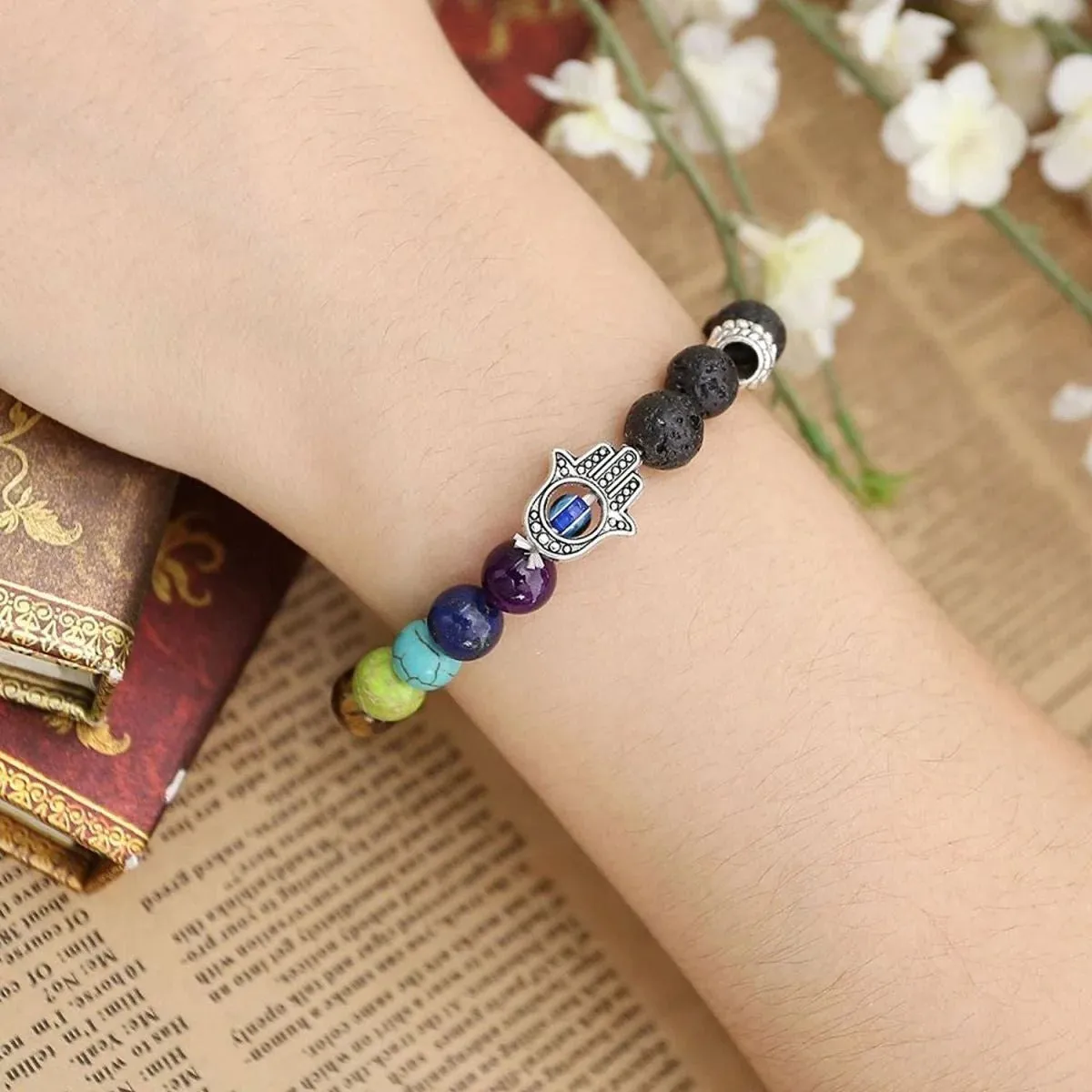 7 Chakra Reiki Onyx Lava Beads Black Distance Bracelet with Hamsa and Evil Eye