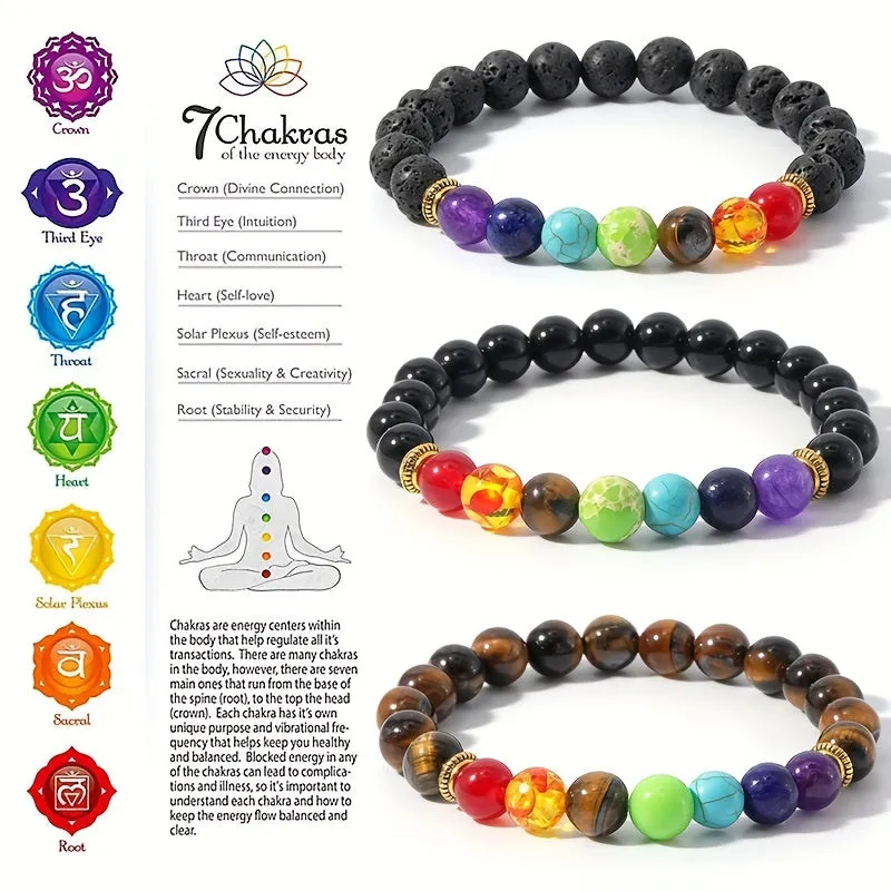 7 Chakra Stone Bead Bracelet Tiger Eye Yoga Balance Men Buddha Jewelry