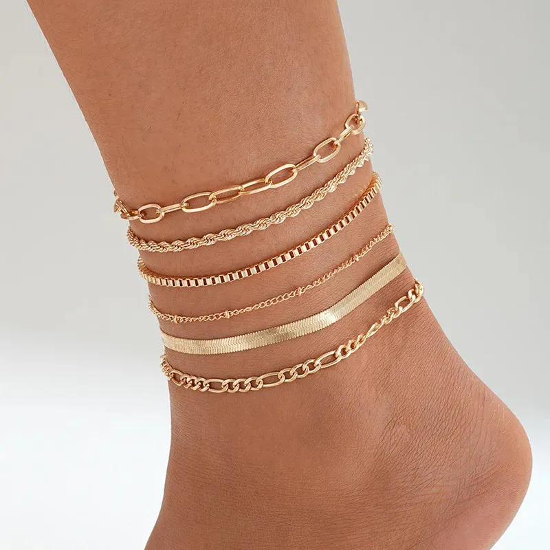 7pc/set Bohemian Rice Beads Starfish Pendant Anklet Set Fashion Summer Beach Sea Shell Multilayer Ankle Bracelet On Foot Jewelry