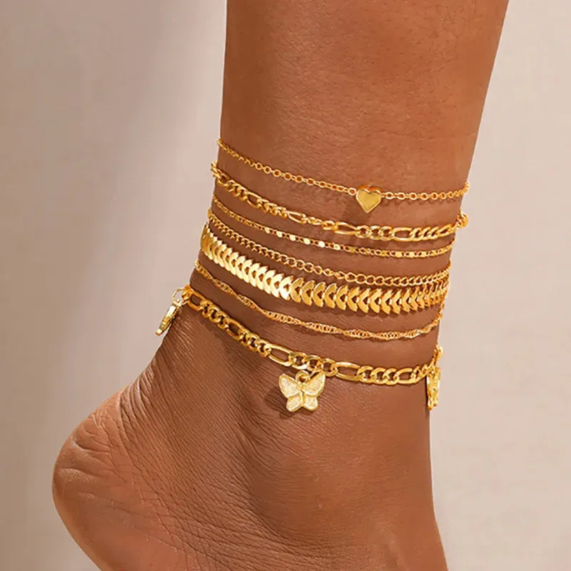 7pc/set Bohemian Rice Beads Starfish Pendant Anklet Set Fashion Summer Beach Sea Shell Multilayer Ankle Bracelet On Foot Jewelry