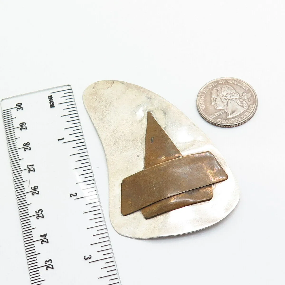 925 Sterling Silver 2-Tone Vintage Abstract Modernist Design Large Pin Brooch