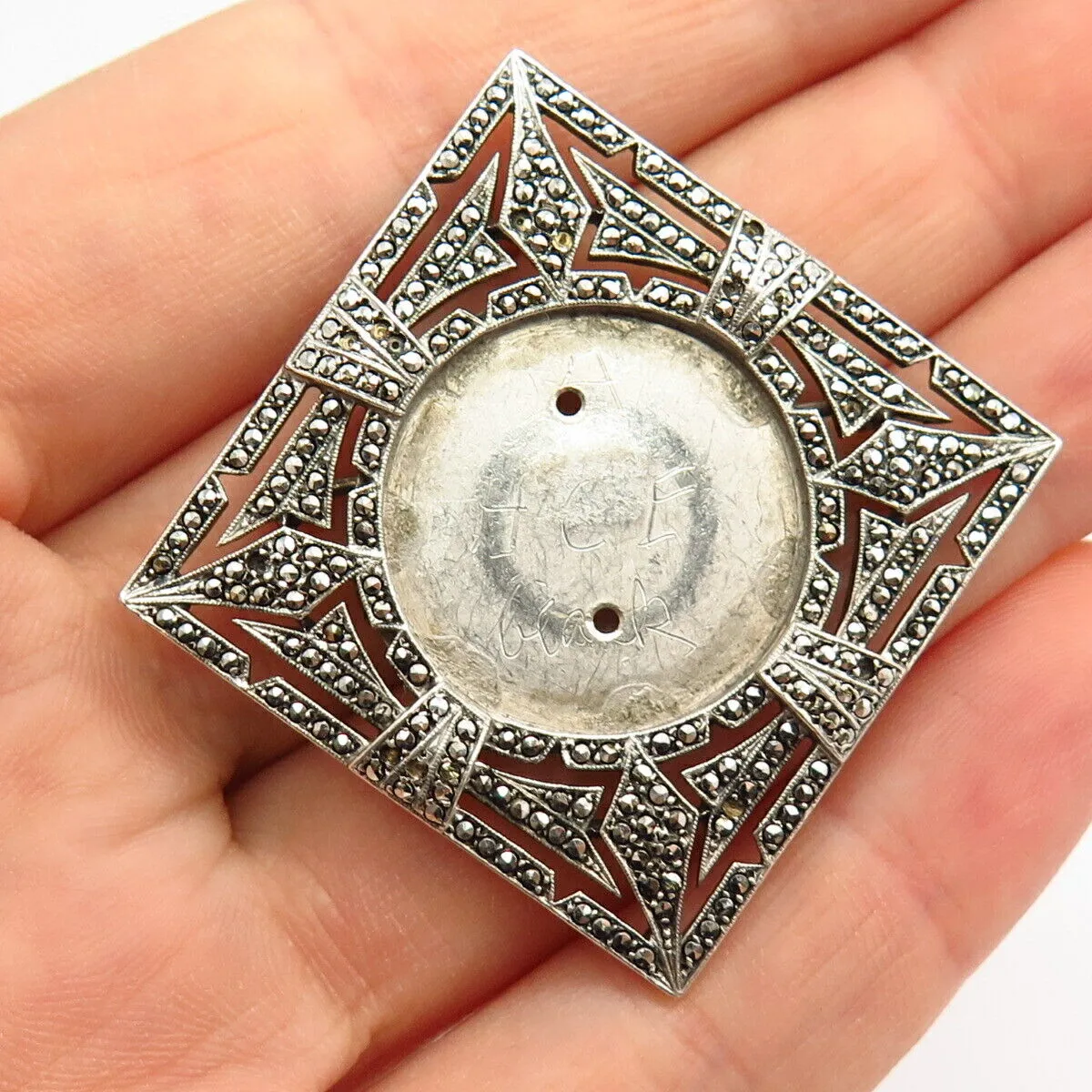 925 Sterling Silver Antique Real Marcasite Gem Geometric Square Pin Brooch