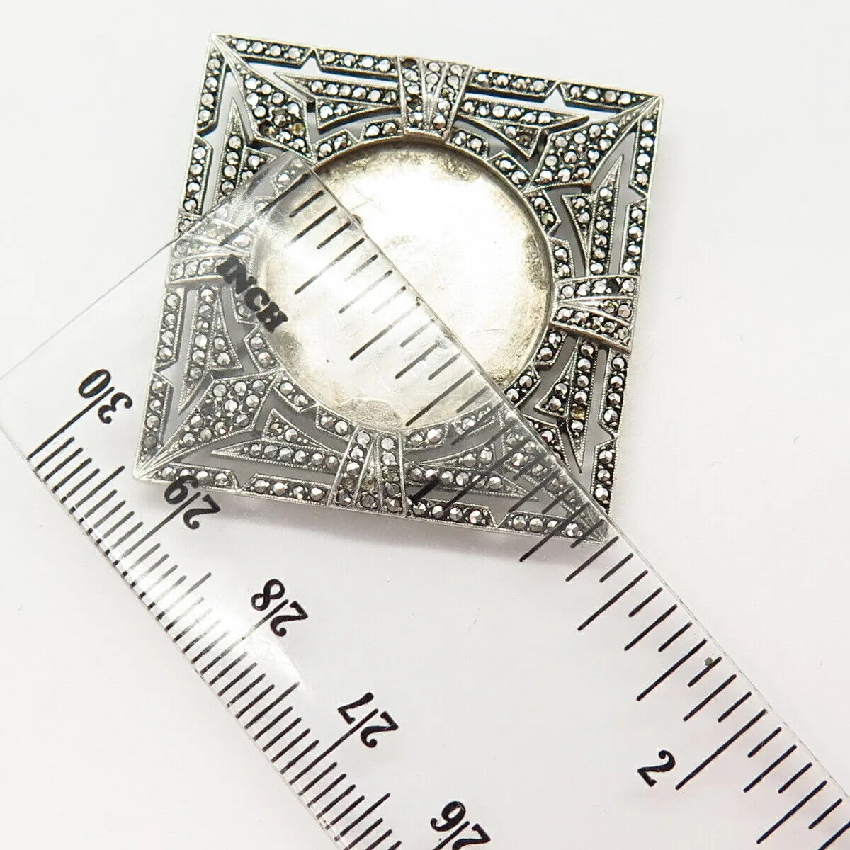 925 Sterling Silver Antique Real Marcasite Gem Geometric Square Pin Brooch
