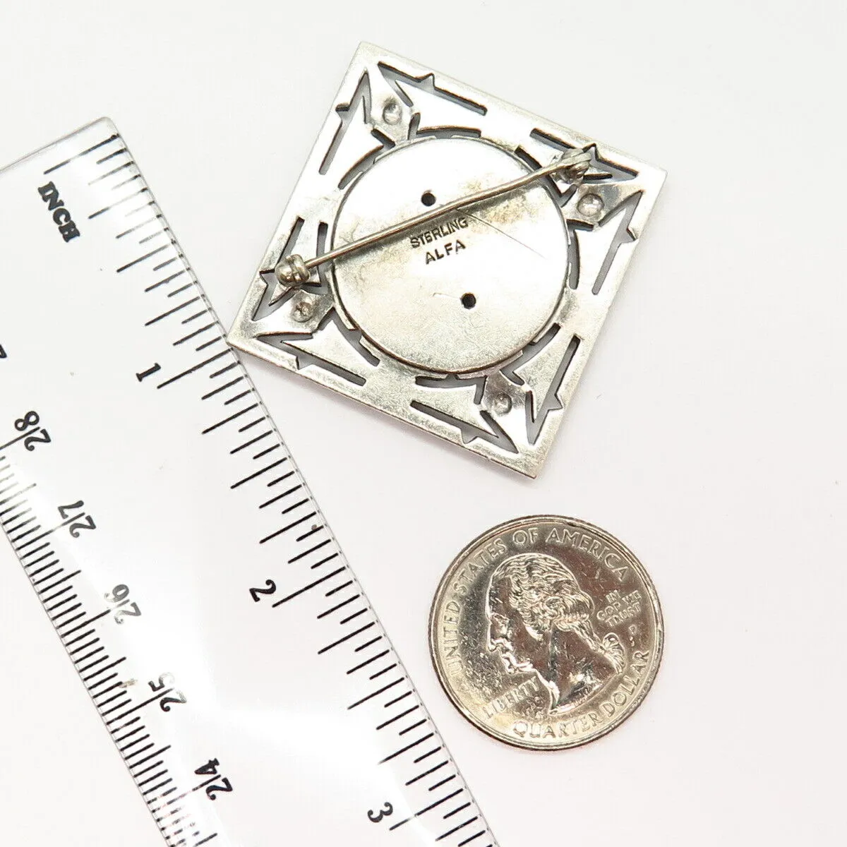 925 Sterling Silver Antique Real Marcasite Gem Geometric Square Pin Brooch