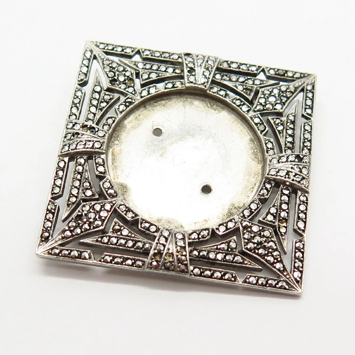 925 Sterling Silver Antique Real Marcasite Gem Geometric Square Pin Brooch