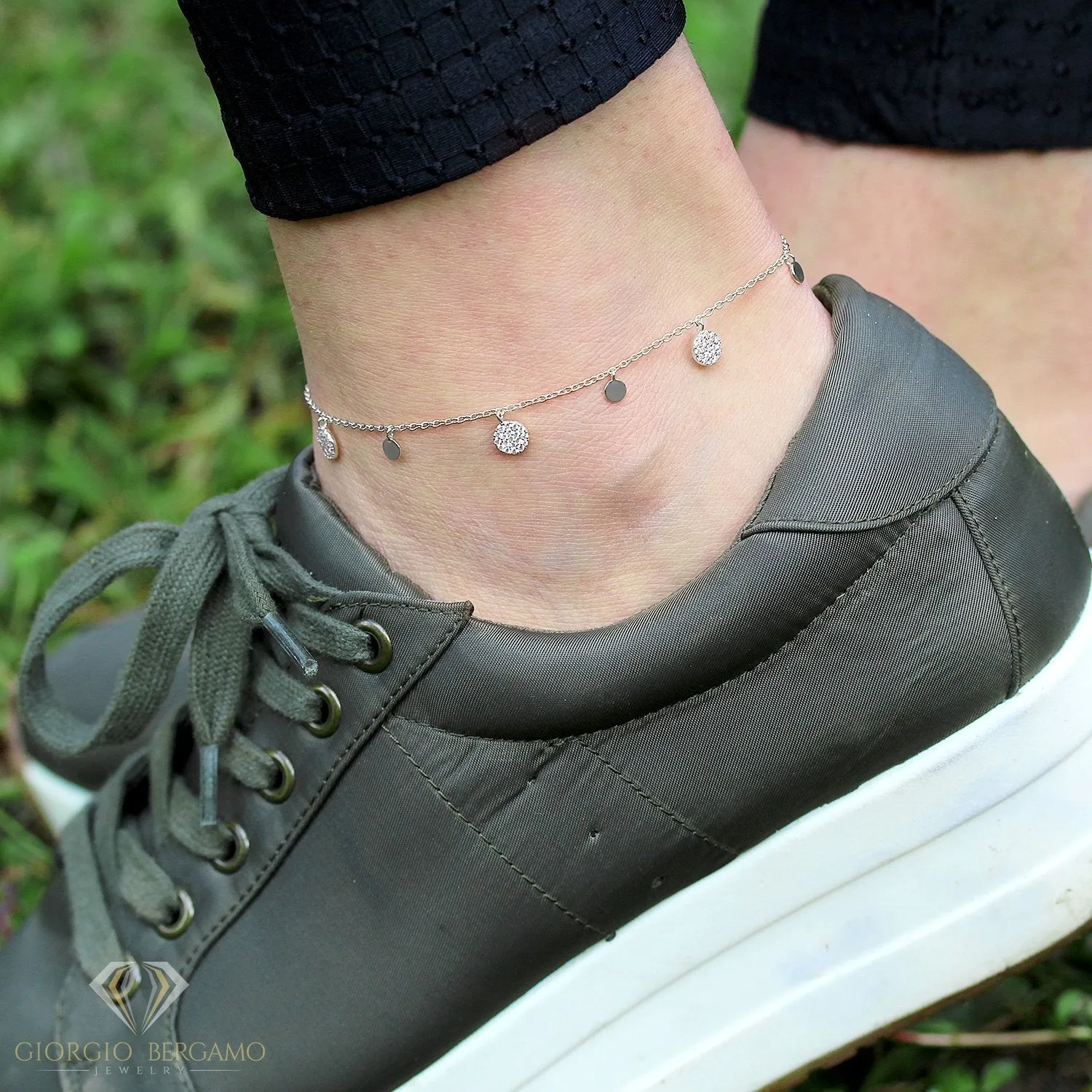 925 Sterling Silver Micro Pave Dangling Disc Ankle Bracelet