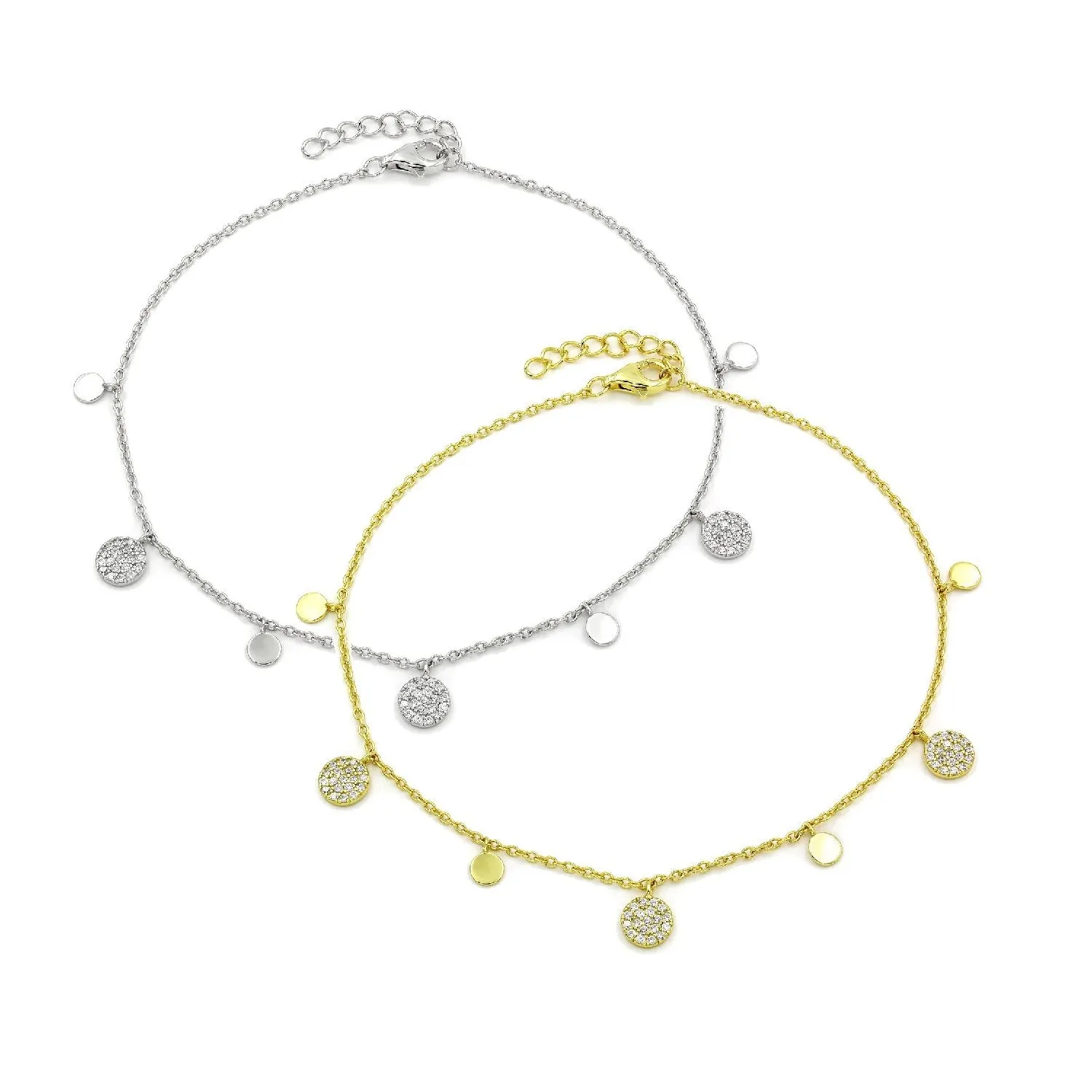 925 Sterling Silver Micro Pave Dangling Disc Ankle Bracelet