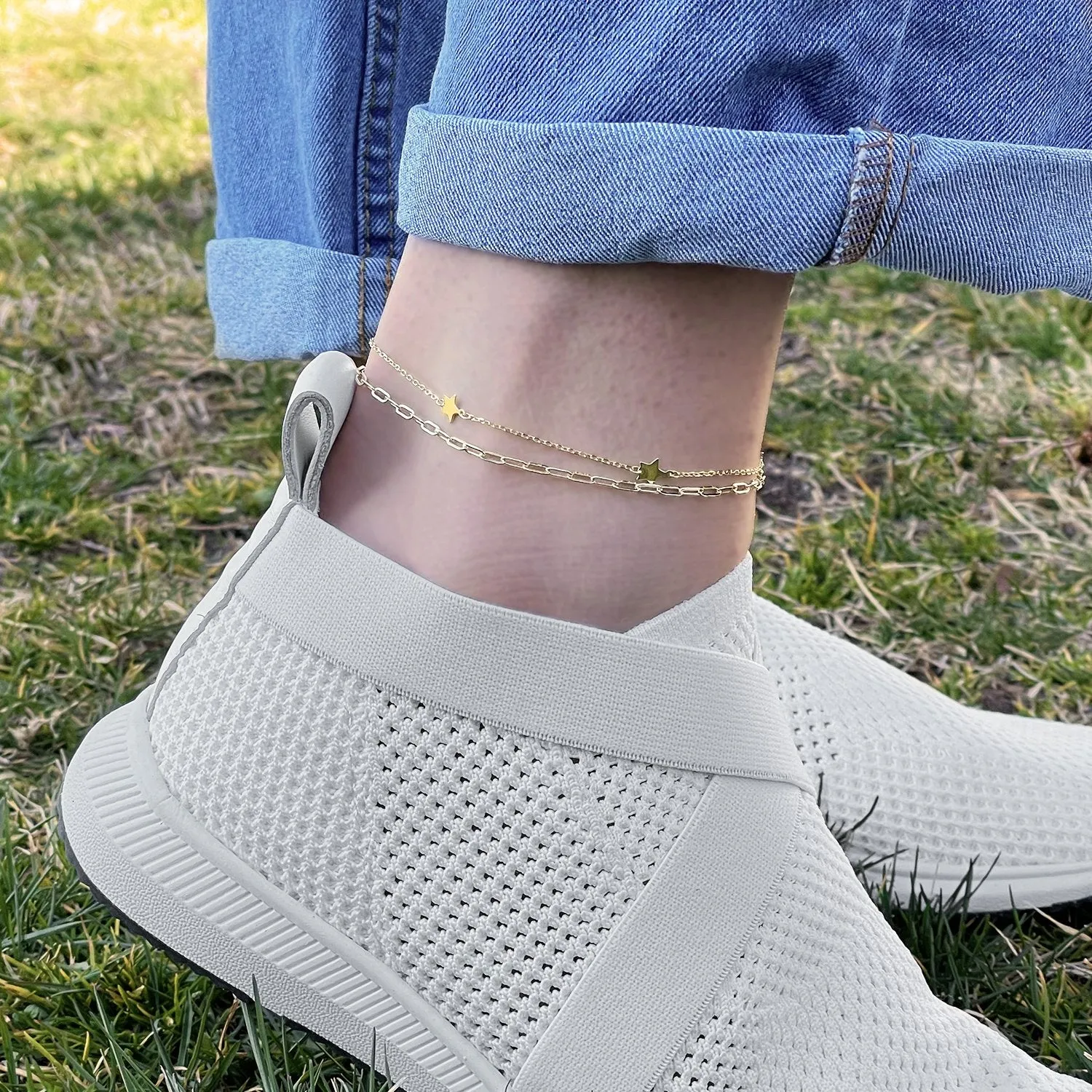 925 Sterling Silver Paper Clip Layered Star Ankle Bracelet