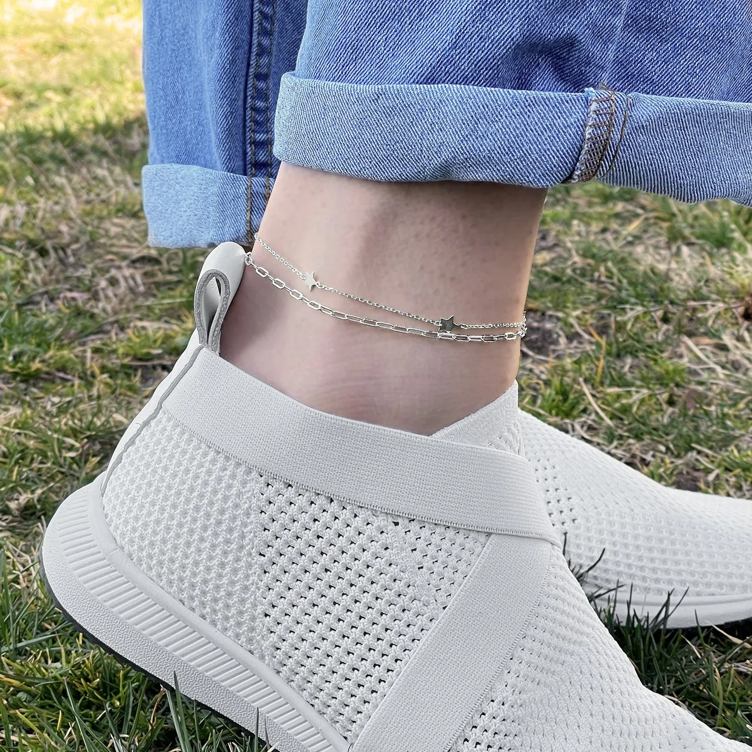 925 Sterling Silver Paper Clip Layered Star Ankle Bracelet
