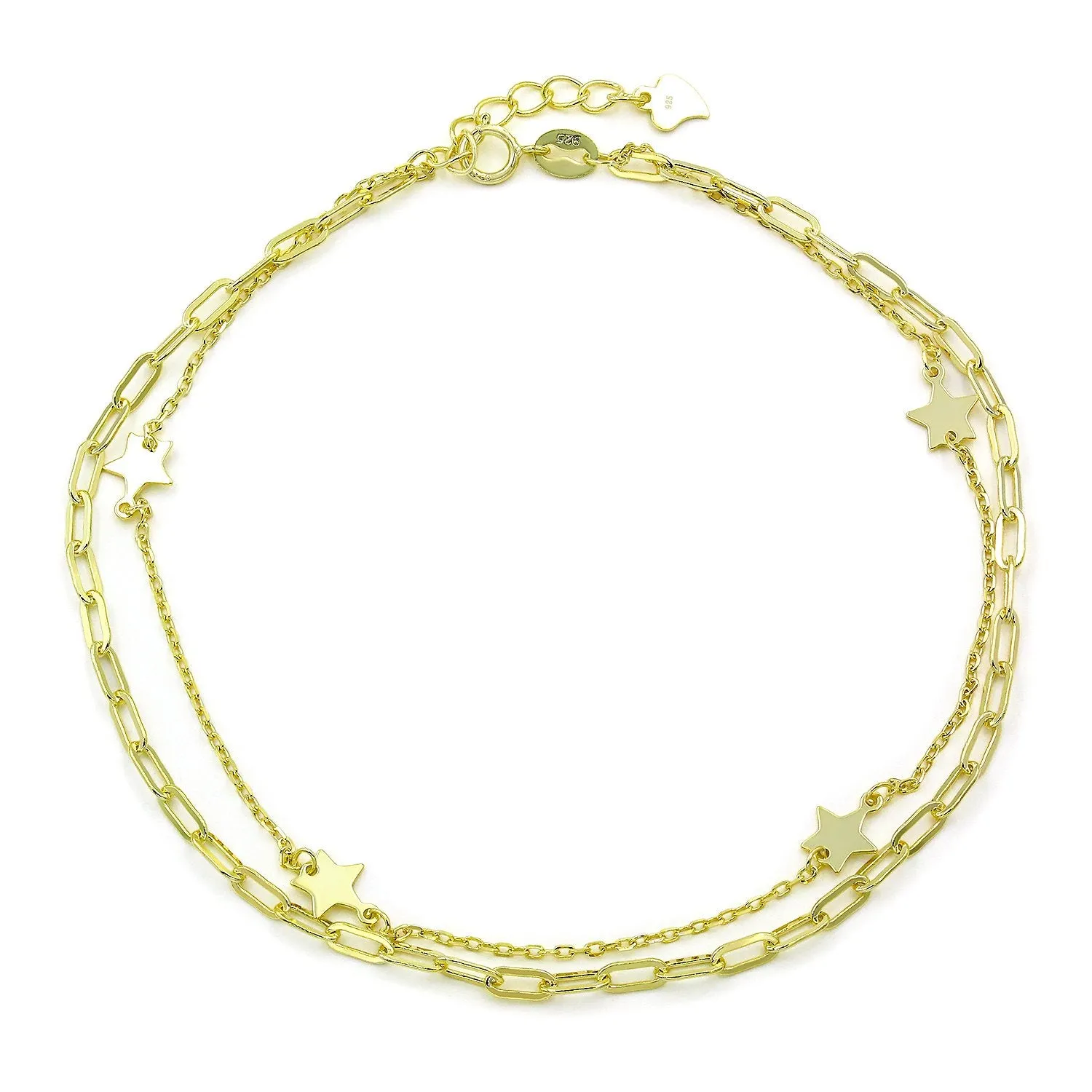 925 Sterling Silver Paper Clip Layered Star Ankle Bracelet