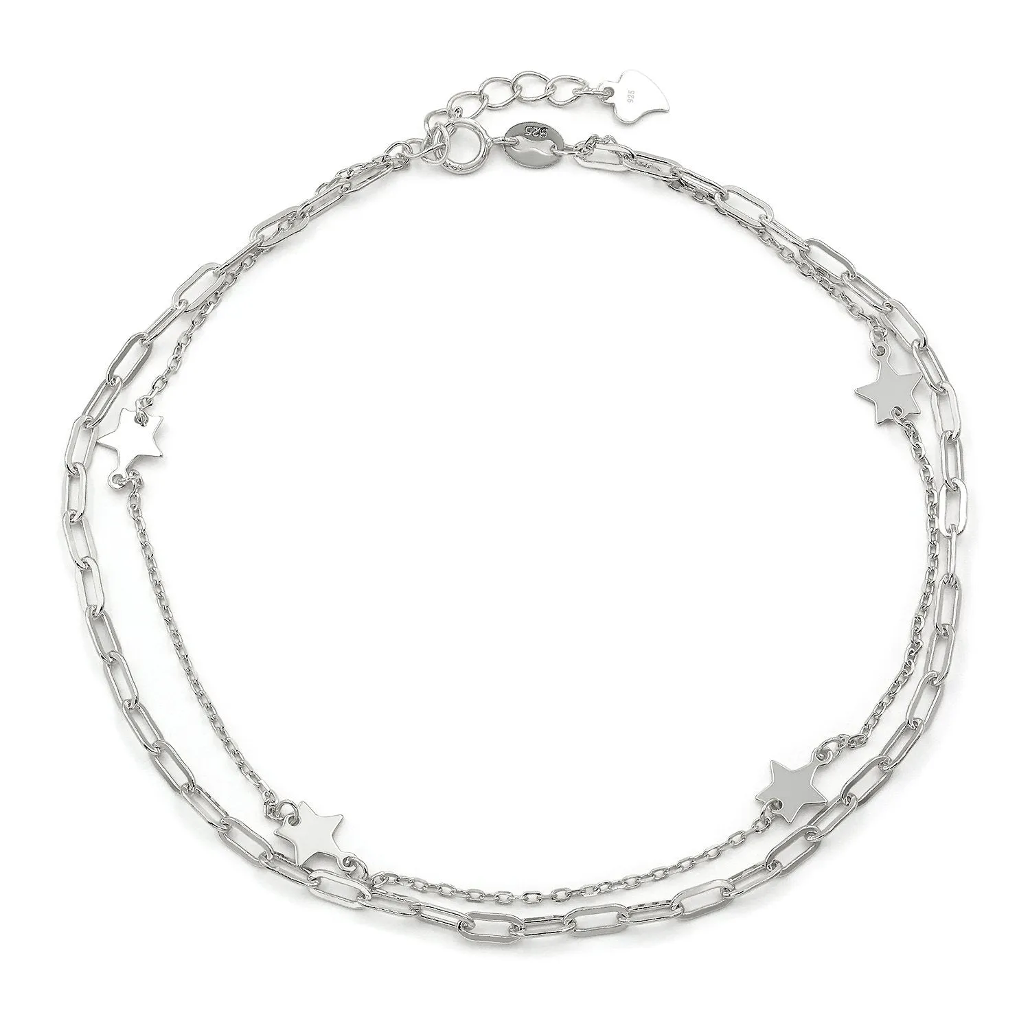 925 Sterling Silver Paper Clip Layered Star Ankle Bracelet