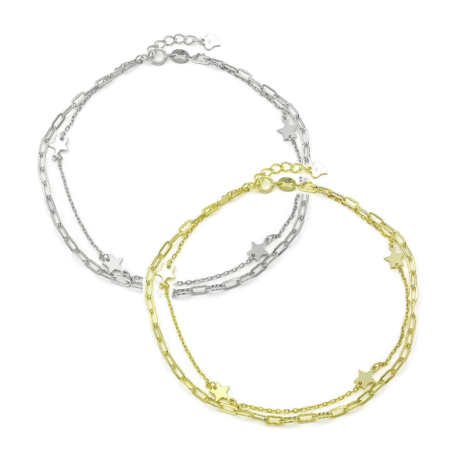 925 Sterling Silver Paper Clip Layered Star Ankle Bracelet