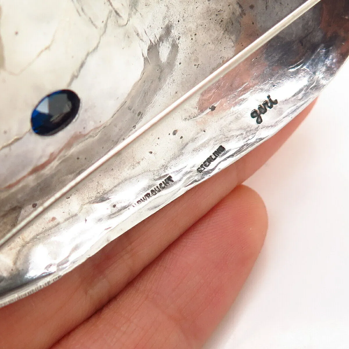 925 Sterling Silver Vintage Blue Glass Abstract Design Pin Brooch