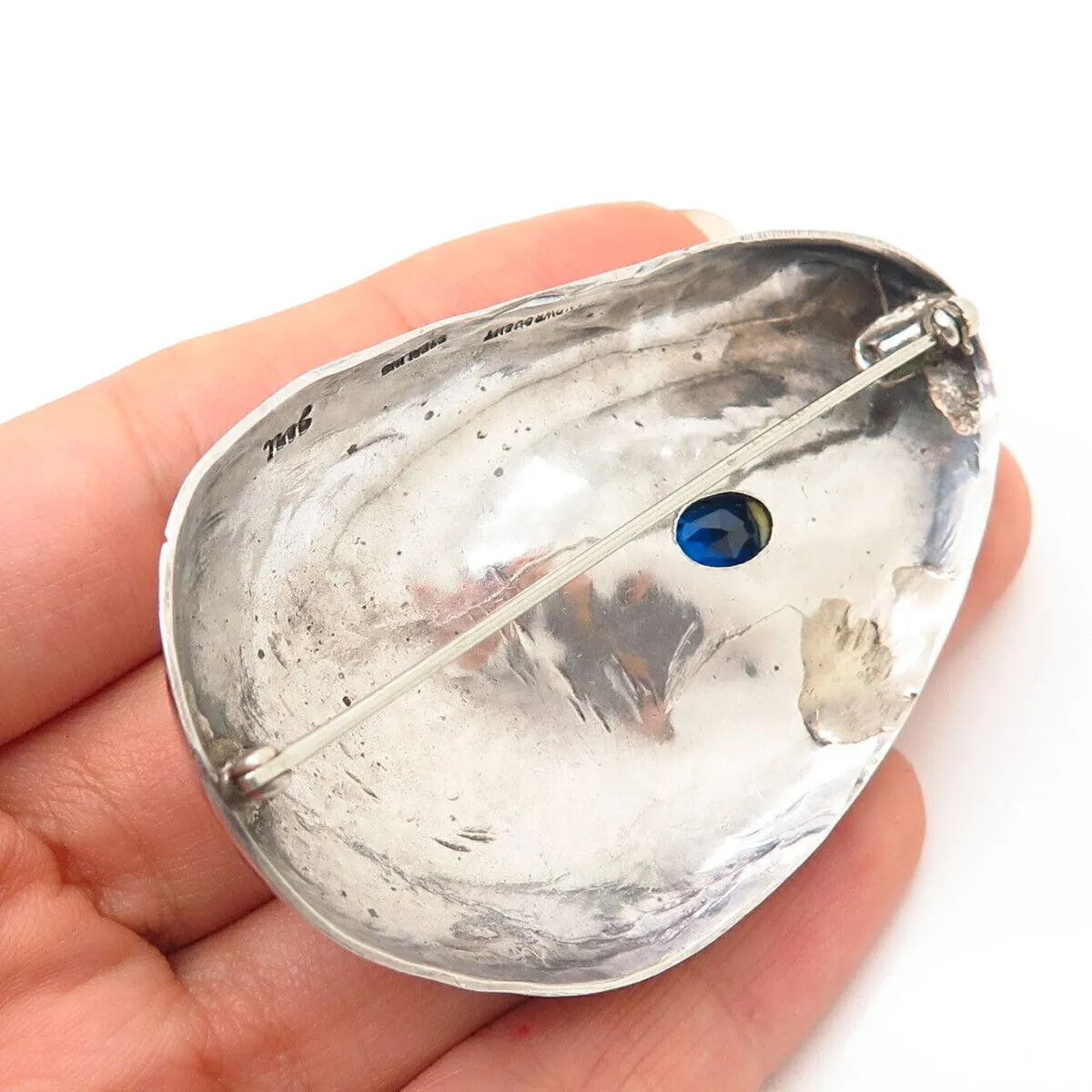 925 Sterling Silver Vintage Blue Glass Abstract Design Pin Brooch