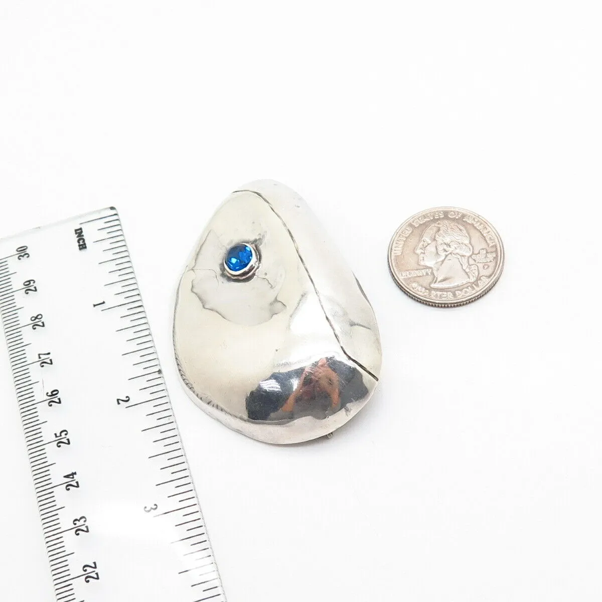 925 Sterling Silver Vintage Blue Glass Abstract Design Pin Brooch
