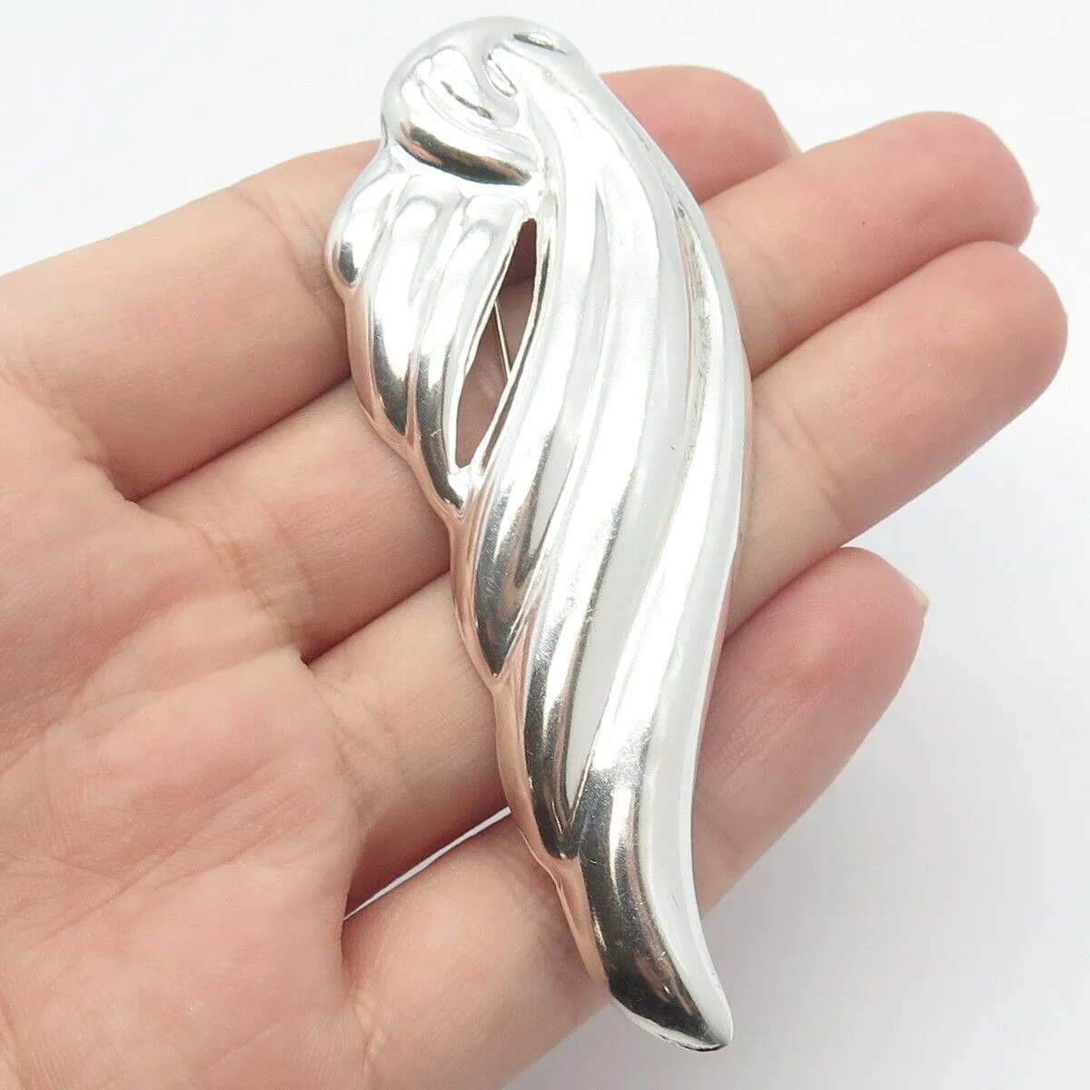 925 Sterling Silver Vintage Mexico Ribbed Abstract Wing Pin Brooch