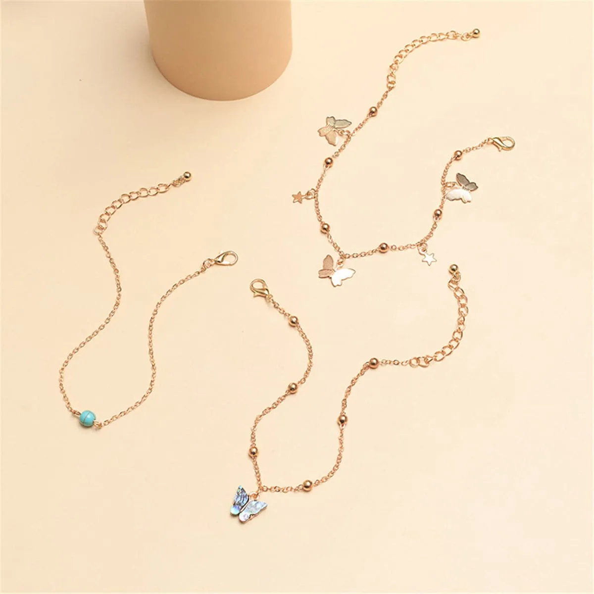 Abalone Shell & Turquoise 18k Gold-Plated Butterfly Anklet Set