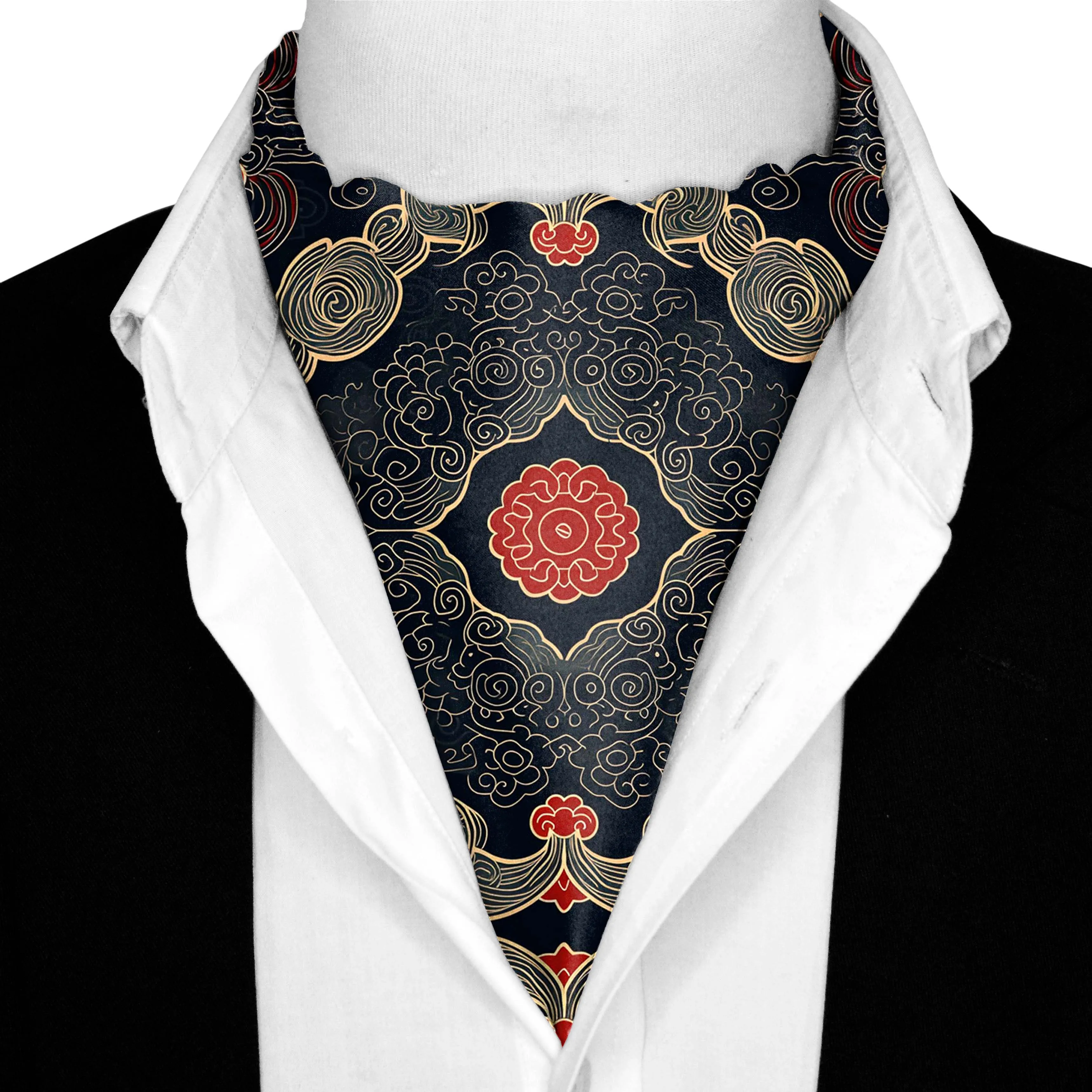 ABSTRACT IKAT SILK ASCOT WITH LAPEL PIN AND POCKET SQUARE