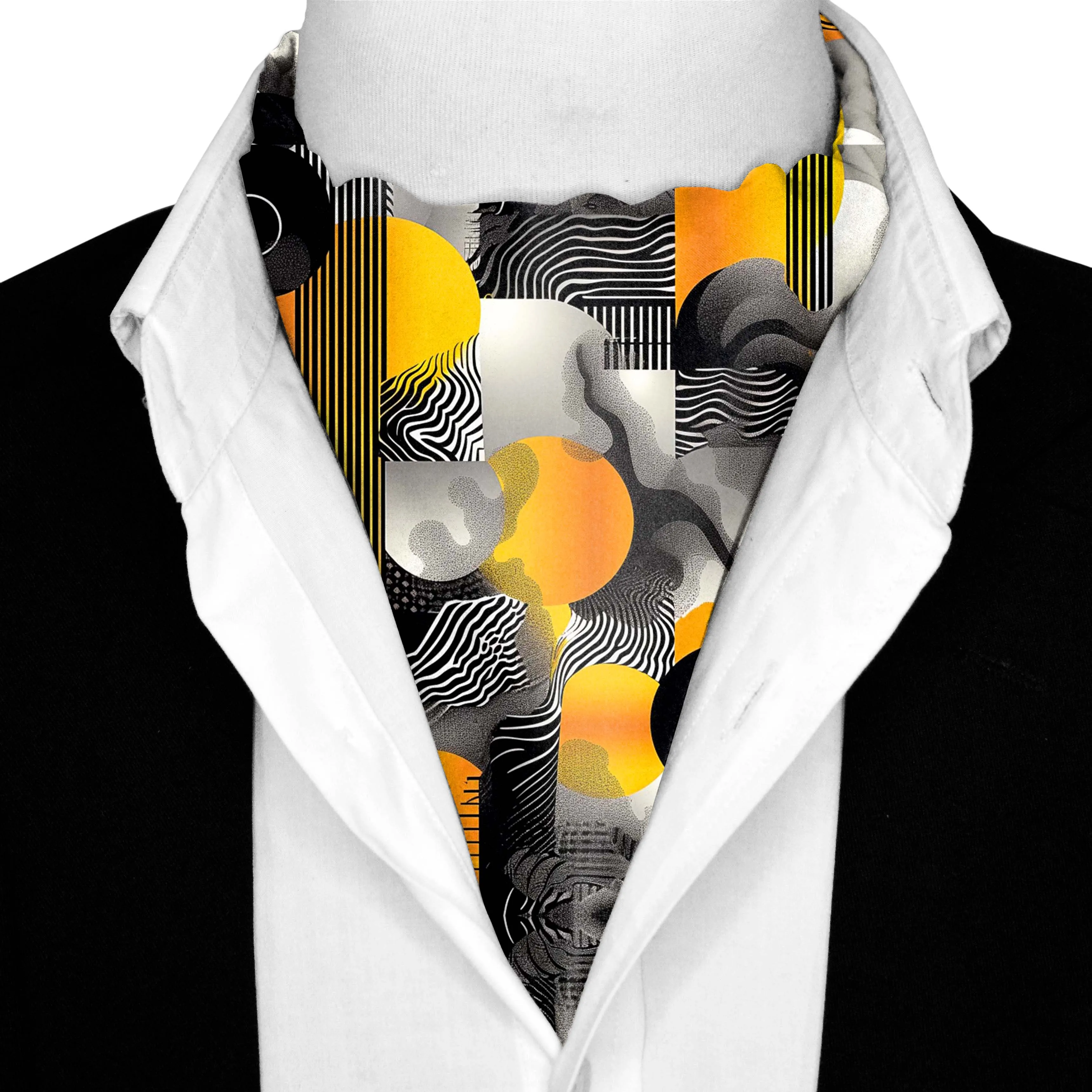 ABSTRACT VINTAGE SILK ASCOT WITH LAPEL PIN AND POCKET SQUARE
