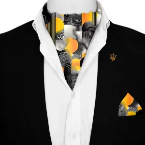 ABSTRACT VINTAGE SILK ASCOT WITH LAPEL PIN AND POCKET SQUARE