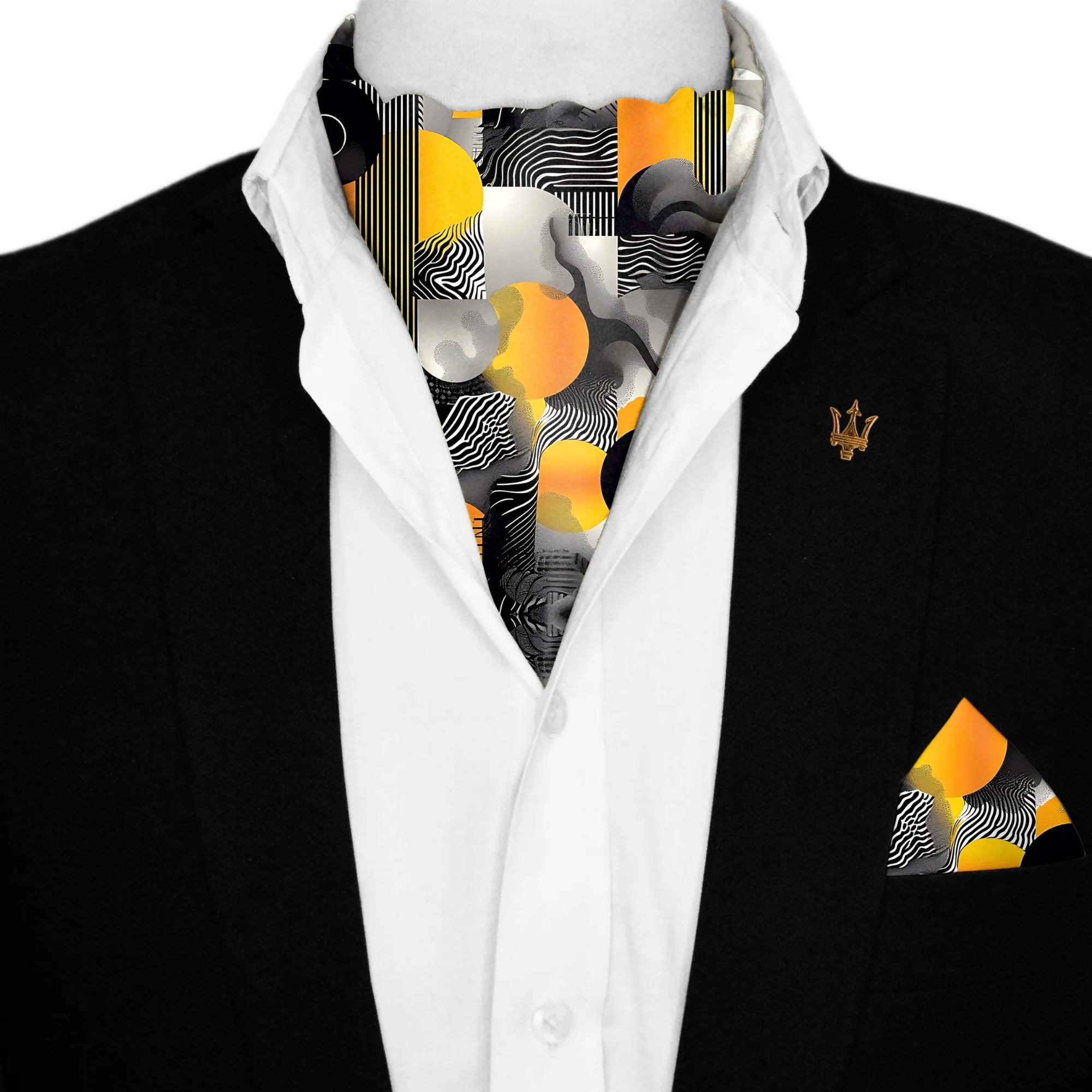 ABSTRACT VINTAGE SILK ASCOT WITH LAPEL PIN AND POCKET SQUARE