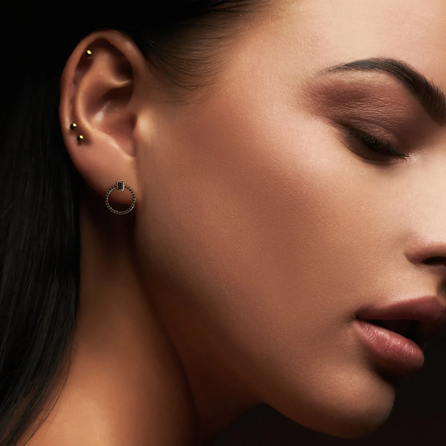 Accretion Disc -Bezel Natural Black Diamond Emerald Earrings