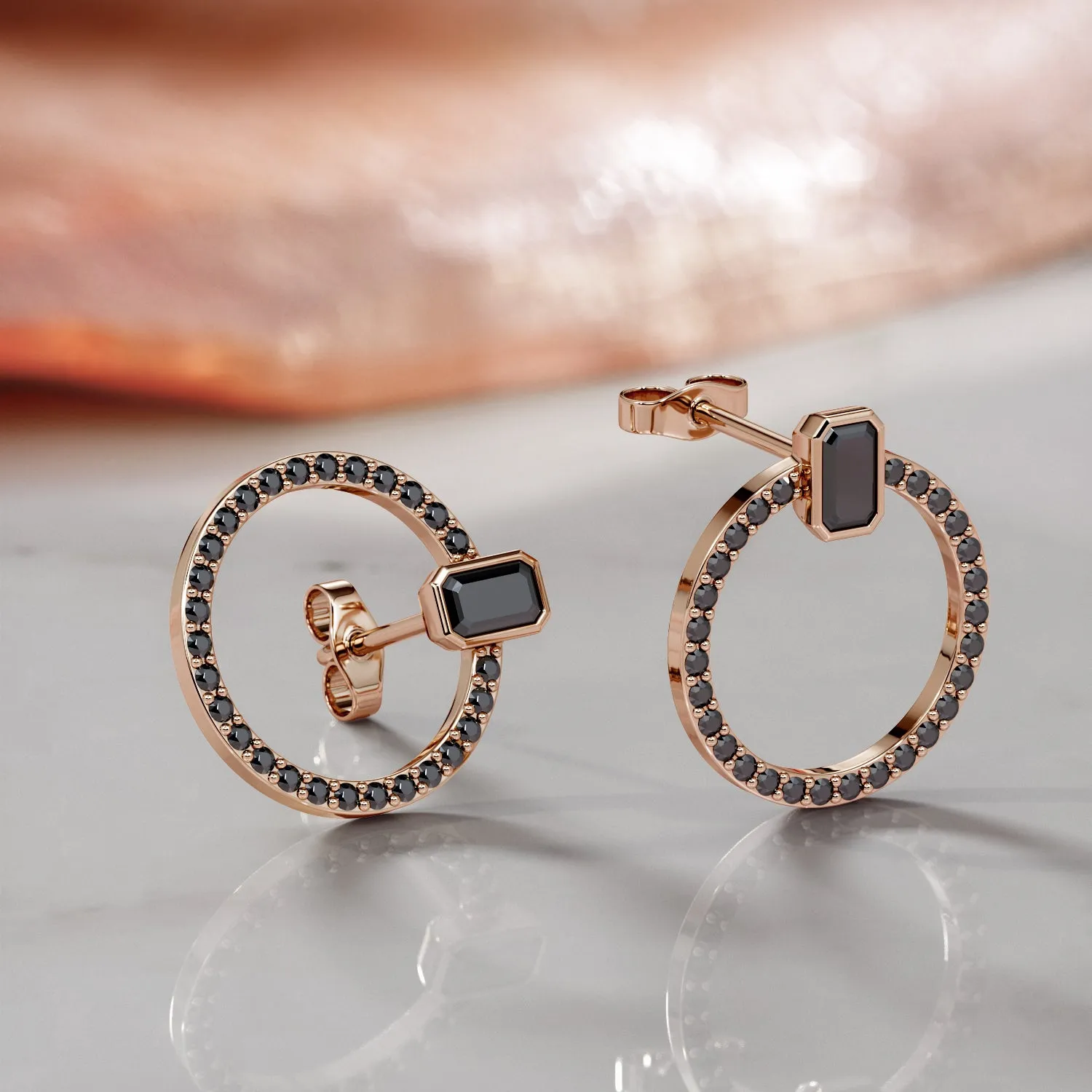 Accretion Disc -Bezel Natural Black Diamond Emerald Earrings