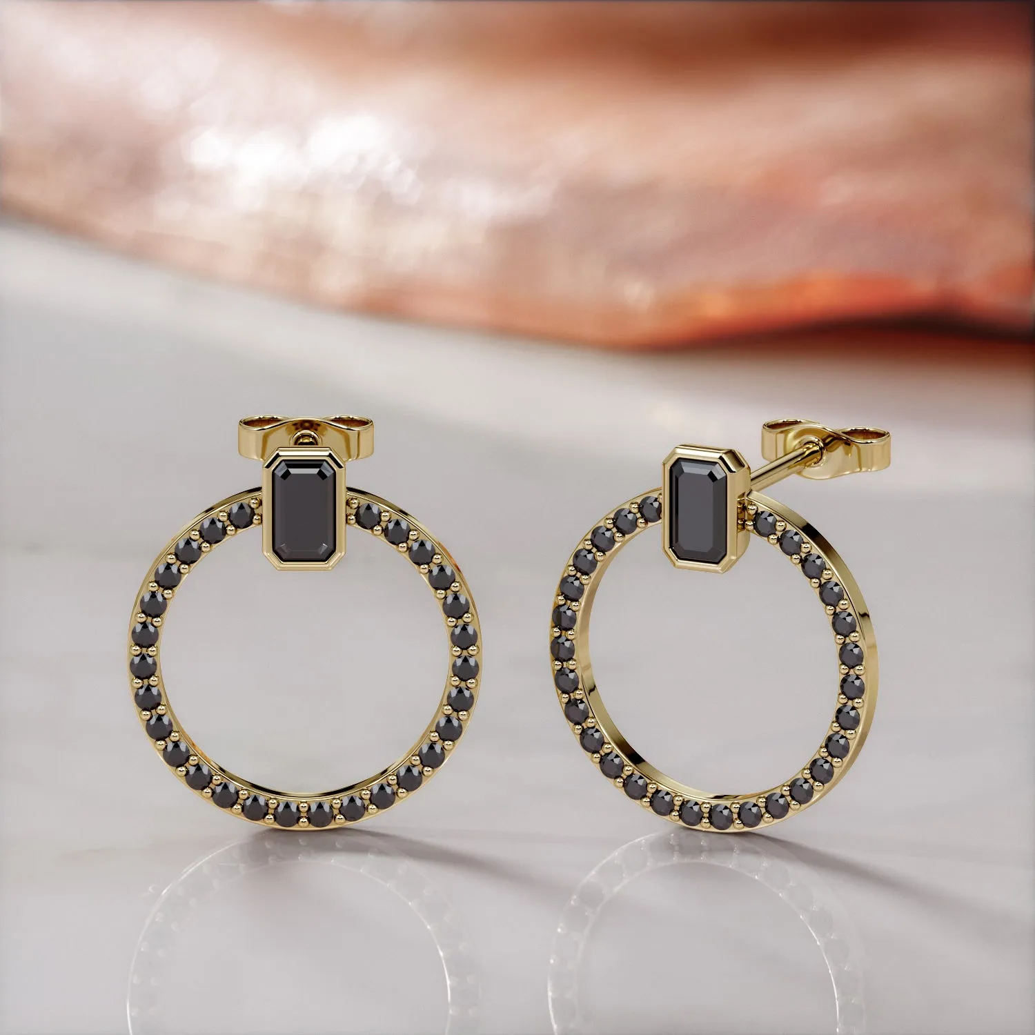 Accretion Disc -Bezel Natural Black Diamond Emerald Earrings