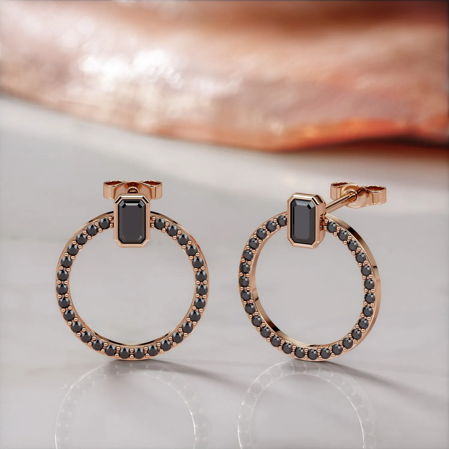 Accretion Disc -Bezel Natural Black Diamond Emerald Earrings