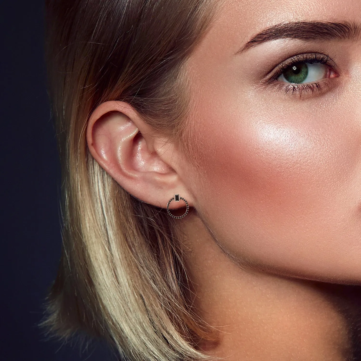 Accretion Disc -Bezel Natural Black Diamond Emerald Earrings
