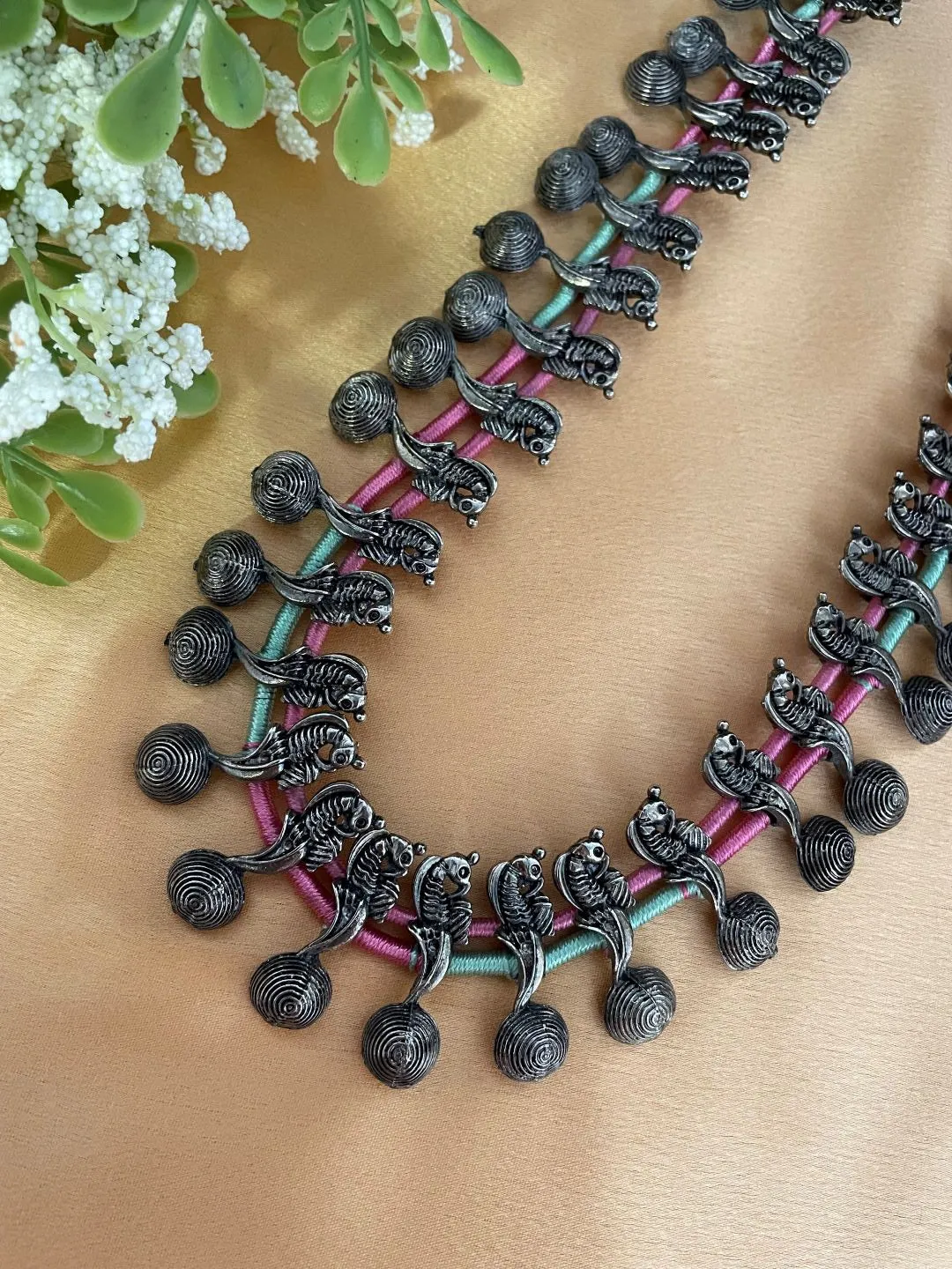 Adjustable Oxidised Silver Choker Necklace Chunky Pendents With Bells in Pink & Green Cord